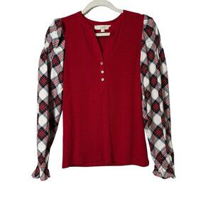 LOFT Women’s Ribbed Henley Red Plaid Mixed Media Puff Shirred Ruffle‎ Sleeves S